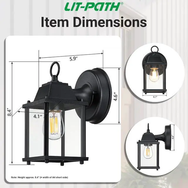 Alt view image 6 of 6 - LIT-PaTH Outdoor Wall Lantern, Wall Sconce as Porch Lighting Fixture, E26 Base, Aluminum Housing Plus Glass, Water-Proof and Outdoor Rated, ETL Qualified, 1-Pack, Black