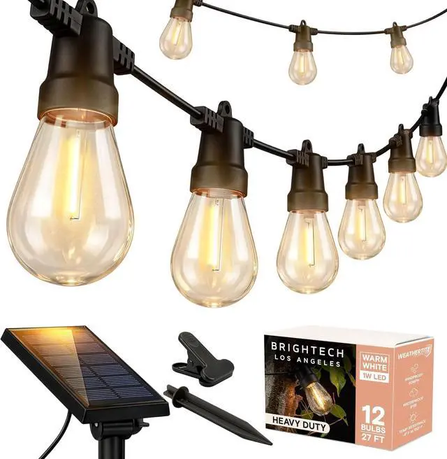 Main image of Brightech Ambience Pro Solar Powered Outdoor String Lights - Commercial Grade Patio Lights with 27 Ft Edison Bulbs - Shatterproof LED Solar String Lights - 1W LED, Warm White Light