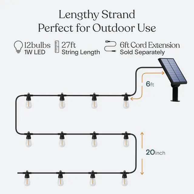 Alt view image 5 of 7 - Brightech Ambience Pro Solar Powered Outdoor String Lights - Commercial Grade Patio Lights with 27 Ft Edison Bulbs - Shatterproof LED Solar String Lights - 1W LED, Warm White Light