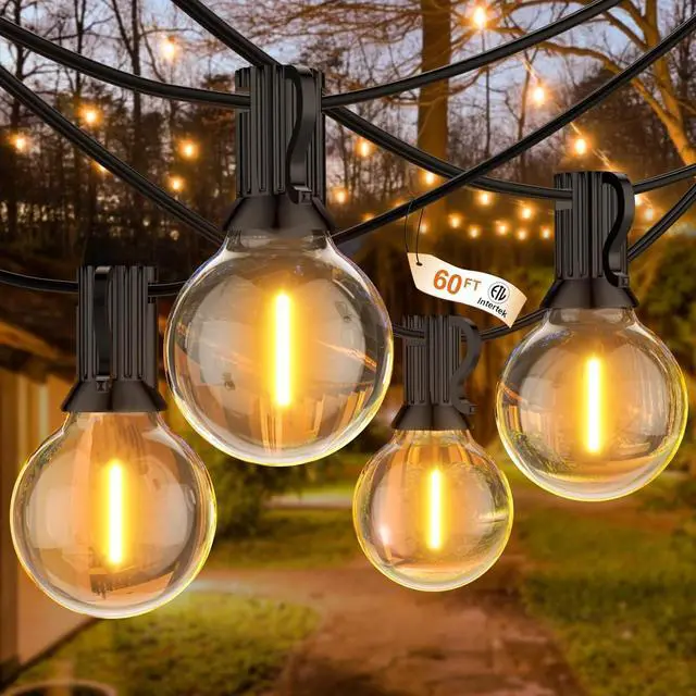 Main image of GLUROO 60FT Outdoor String Lights LED, Patio Lights with 32 Bulbs Waterproof, 2700K Warm White for Outside Backyard, Yard, Gazebo, Deck, Porch