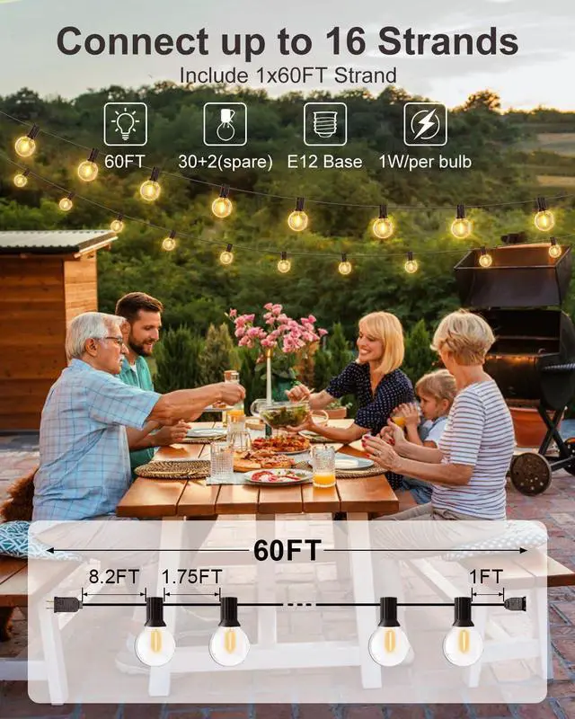 Alt view image 2 of 7 - GLUROO 60FT Outdoor String Lights LED, Patio Lights with 32 Bulbs Waterproof, 2700K Warm White for Outside Backyard, Yard, Gazebo, Deck, Porch