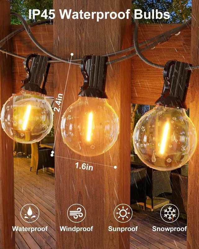 Alt view image 4 of 7 - GLUROO 60FT Outdoor String Lights LED, Patio Lights with 32 Bulbs Waterproof, 2700K Warm White for Outside Backyard, Yard, Gazebo, Deck, Porch