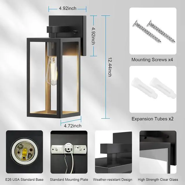 Alt view image 4 of 7 - Kalium Porch Wall Lights Outdoor, Waterproof Lanterns with Frame and Clear Glass Shade, Exterior Front Porch Light Matte Black Wall Sconce, Modern Mounted Lighting for Patio Entryway Hallway