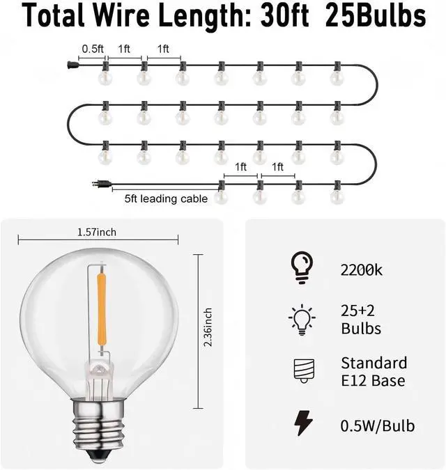 Alt view image 3 of 7 - LED 30FT Outdoor String Lights with Remote Waterproof Patio Lights Dimmable 27 Shatterproof G40 Bulbs, Globe String Lights Decorative Balcony Bistro Gazebo Porch Cafe Lights