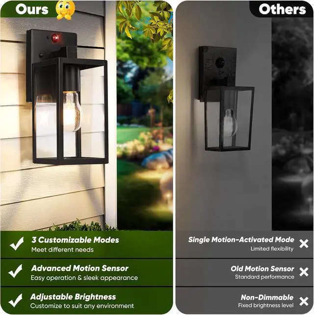 Alt view image 2 of 7 - Upgraded Motion Sensor Outdoor Wall Light, 10.6 Small Dusk to Dawn Porch Light Wall Sconce Lantern, 3 Lighting Modes Exterior Lighting Fixture, Outside Light for House Front Door Garage, Black