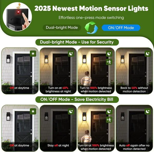 Alt view image 3 of 7 - Upgraded Motion Sensor Outdoor Wall Light, 10.6 Small Dusk to Dawn Porch Light Wall Sconce Lantern, 3 Lighting Modes Exterior Lighting Fixture, Outside Light for House Front Door Garage, Black