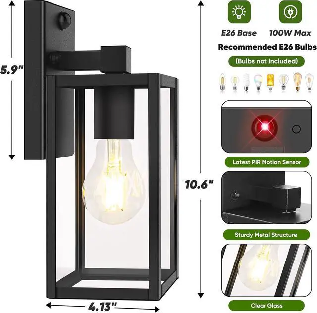 Alt view image 6 of 7 - Upgraded Motion Sensor Outdoor Wall Light, 10.6 Small Dusk to Dawn Porch Light Wall Sconce Lantern, 3 Lighting Modes Exterior Lighting Fixture, Outside Light for House Front Door Garage, Black