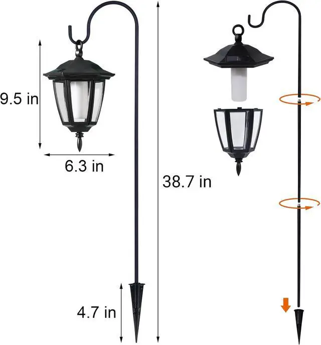 Alt view image 3 of 7 - Dynaming 4 Pack Solar Flame Hanging Lights Outdoor, Halloween Solar Flickering Flame LED Garden Lanterns with 4 x 38 Inch Shepherd Hooks, Christmas Lighting for Lawn Patio Yard Pathway Driveway