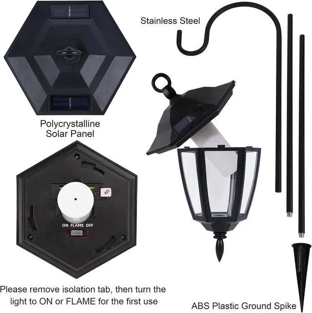 Alt view image 5 of 7 - Dynaming 4 Pack Solar Flame Hanging Lights Outdoor, Halloween Solar Flickering Flame LED Garden Lanterns with 4 x 38 Inch Shepherd Hooks, Christmas Lighting for Lawn Patio Yard Pathway Driveway