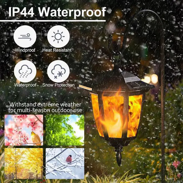 Alt view image 4 of 7 - Dynaming 4 Pack Solar Flame Hanging Lights Outdoor, Halloween Solar Flickering Flame LED Garden Lanterns with 4 x 38 Inch Shepherd Hooks, Christmas Lighting for Lawn Patio Yard Pathway Driveway