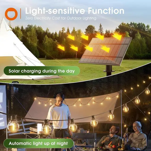 Alt view image 3 of 7 - addlon 31FT (25+6) Solar String Lights with Remote, 13 Shatterproof G40 Bulbs, Solar Powered & USB Charging Patio Lights, Dimmable Waterproof Solar Light Outdoor for Camping Porch Backyard Party Decor