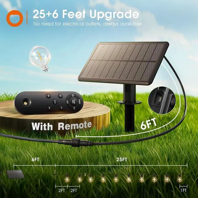 Alt view image 6 of 7 - addlon 31FT (25+6) Solar String Lights with Remote, 13 Shatterproof G40 Bulbs, Solar Powered & USB Charging Patio Lights, Dimmable Waterproof Solar Light Outdoor for Camping Porch Backyard Party Decor