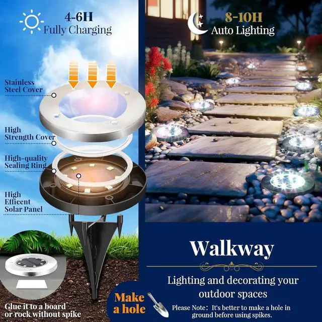 Alt view image 3 of 6 - SOLPEX Solar Ground Lights, 12 Pack Solar Lights Outdoor Waterproof, 8 LED Solar Powered Landscape Lighting for Garden Yard Patio Pathway Driveway Walkway (Cool White)