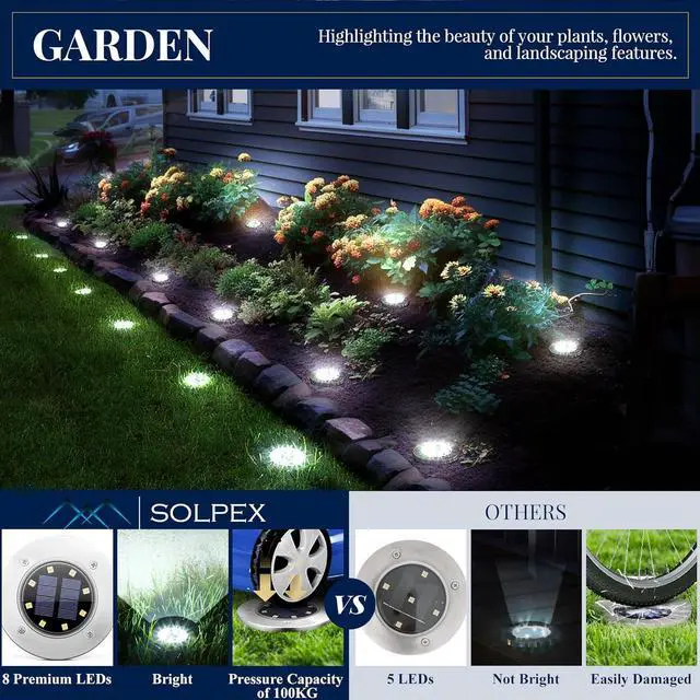 Alt view image 4 of 6 - SOLPEX Solar Ground Lights, 12 Pack Solar Lights Outdoor Waterproof, 8 LED Solar Powered Landscape Lighting for Garden Yard Patio Pathway Driveway Walkway (Cool White)