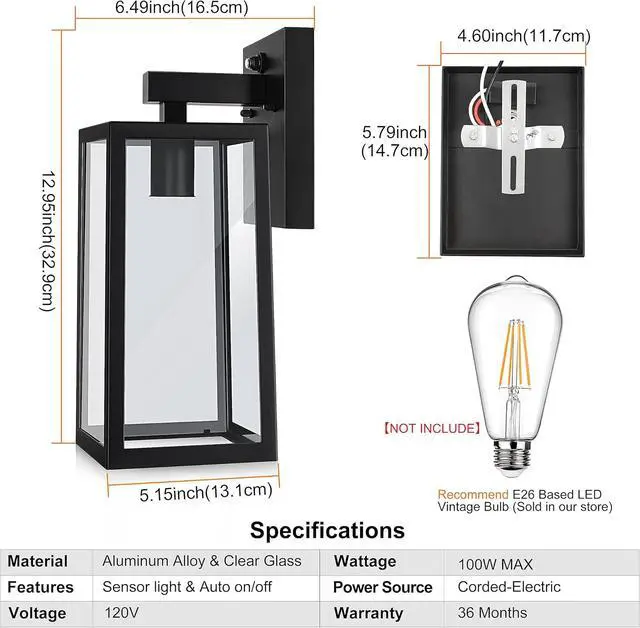 Alt view image 6 of 6 - SHINE HAI Dusk to Dawn Outdoor Wall Lantern, Exterior Sconce Fixtures with E26 Sockets & Glass Shades, Waterproof Porch Wall Mount Lighting, Outdoor Lantern for Patio Front Door Entryway, 2 Pack