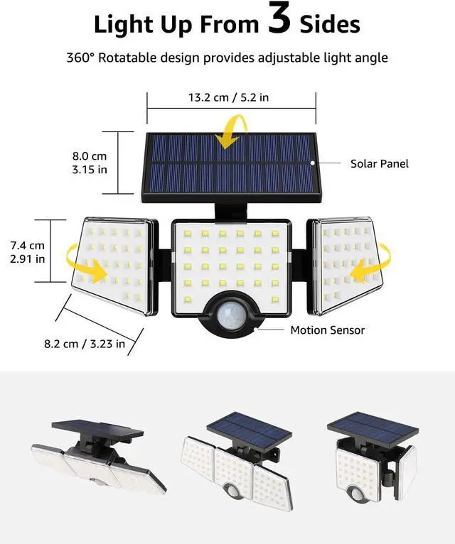 Alt view image 5 of 7 - LE Solar Lights for Outside, Solar Lights Outdoor with Motion Sensor, WL4000 High Brightness, 3 Adjustable Heads 270° Wide Lighting Angle, IP65 Waterproof, Wireless Wall Lamp for Yard Garage, 2 Packs