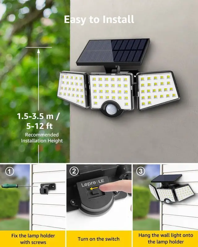Alt view image 6 of 7 - LE Solar Lights for Outside, Solar Lights Outdoor with Motion Sensor, WL4000 High Brightness, 3 Adjustable Heads 270° Wide Lighting Angle, IP65 Waterproof, Wireless Wall Lamp for Yard Garage, 2 Packs