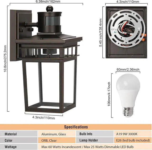 Alt view image 7 of 7 - Motion Sensor Outdoor Wall Lantern with 4 Modes, Dusk to Dawn Sensor Exterior Wall Light Outdoor Wall Sconce with Glass Shade, Motion Activated Porch Light for Doorway, Garage, LED Bulb Included