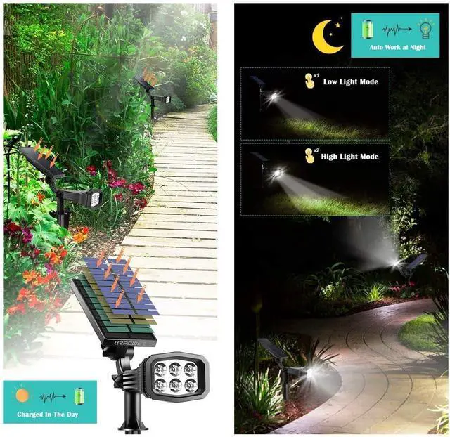 Alt view image 6 of 7 - URPOWER Solar Lights Outdoor 2-in-1 Waterproof Solar Spotlight Auto On/Off Wall Lights Pathway Lights Landscape Lighting for Yard Garden Pool - Cool White (2 Pack)