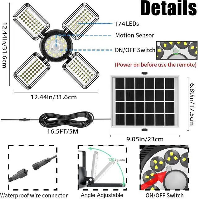 Alt view image 3 of 7 - Latband Solar Shed Light Outdoor Indoor Upgrade 1200LM 174LED 4 and 1 Heads Motion Sensor Pendant Light, Solar Lights with 5 Lighting Modes Remote Control IP65 Waterproof for Barn Patio Gazebo Shop