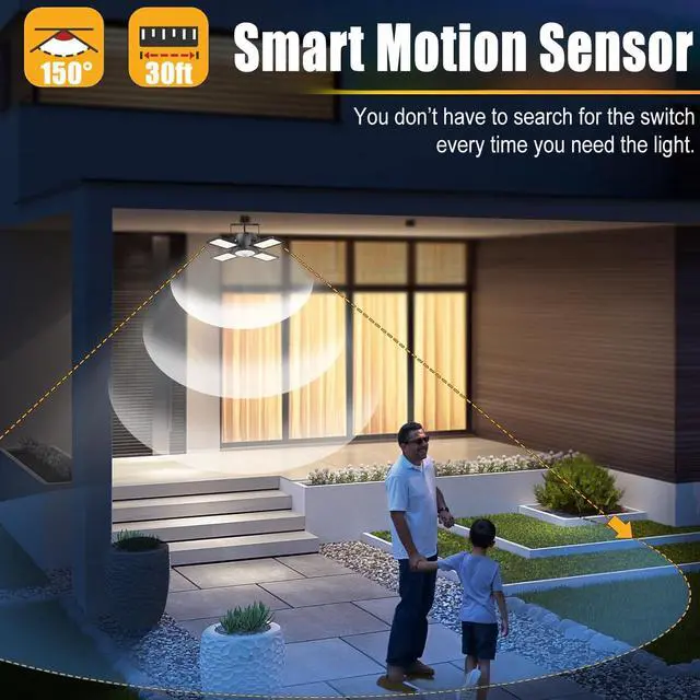 Alt view image 6 of 7 - Latband Solar Shed Light Outdoor Indoor Upgrade 1200LM 174LED 4 and 1 Heads Motion Sensor Pendant Light, Solar Lights with 5 Lighting Modes Remote Control IP65 Waterproof for Barn Patio Gazebo Shop