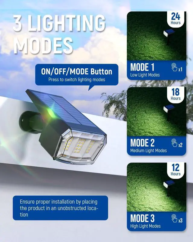 Alt view image 2 of 7 - AUDERWIN Solar Spot Lights Outdoor Waterproof 4 Pack IP65, 63 LED 3 Lighting Modes Spotlights for Yard Garden House Garage Pathway