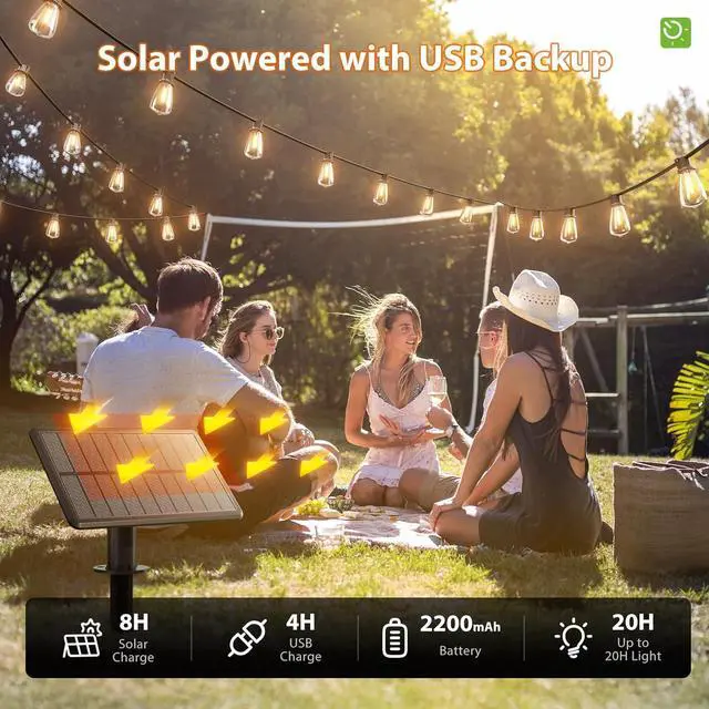 Alt view image 5 of 7 - KYY 54FT Solar String Lights Outdoor Waterproof with USB Charging & Remote, Dimmable & Timable, Solar Powered Patio Lights with LED Shatterproof Bulbs for Deck Backyard Porch Garden Camping