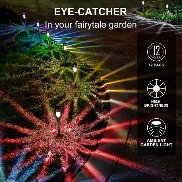 Alt view image 4 of 7 - Dream Master Solar Lights Outdoor Waterproof, Stainless Steel LED Landscape Lighting, Solar Garden Lights, Outdoor Decorations for Yard, Pathway, Walkway, Patio, Lawn - 12 Pack (Multicolor)