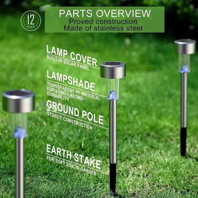 Alt view image 2 of 7 - Dream Master Solar Lights Outdoor Waterproof, Stainless Steel LED Landscape Lighting, Solar Garden Lights, Outdoor Decorations for Yard, Pathway, Walkway, Patio, Lawn - 12 Pack (Multicolor)