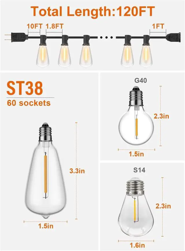 Alt view image 2 of 5 - GPATIO 120FT Outdoor String Lights, Waterproof Patio Lights with 64 Hanging Lights ST38 Bulbs, 2700k Shatterproof for Backyard Gazebo Porch Garden Outside Decor