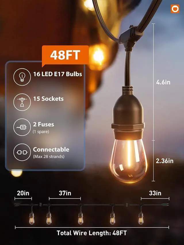 Alt view image 6 of 7 - addlon LED Outdoor String Lights 48FT with Edison Vintage Shatterproof Bulbs and Commercial Grade Weatherproof Strand - ETL Listed Decorative Lights for Patio Garden