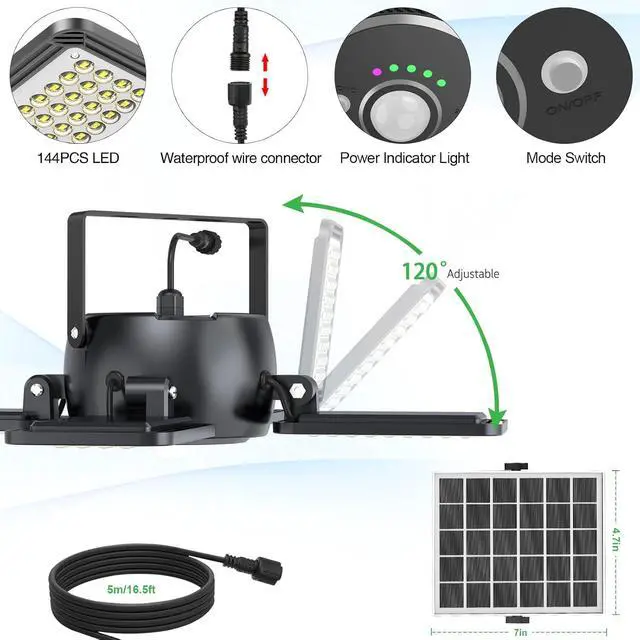Alt view image 3 of 6 - INXPHY Solar Shed Light, 1200LM 144LED Motion Sensor Pendant Light, 5 Lighting Modes Remote Control 4-Leaf 120° Adjustable, IP65 Waterproof Split Solar Panel for Indoor Outdoor Yard Garage