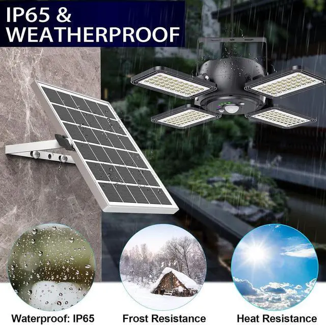 Alt view image 4 of 6 - INXPHY Solar Shed Light, 1200LM 144LED Motion Sensor Pendant Light, 5 Lighting Modes Remote Control 4-Leaf 120° Adjustable, IP65 Waterproof Split Solar Panel for Indoor Outdoor Yard Garage