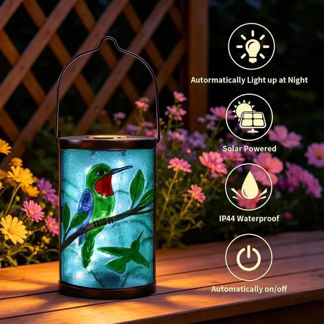 Alt view image 2 of 7 - Hanging Solar Lantern Outdoor Waterproof Hummingbird Solar Lights Glass Tabletop Decorative Lamp for Outdoor Patio Garden Outside Yard Decor