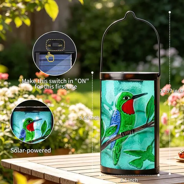 Alt view image 3 of 7 - Hanging Solar Lantern Outdoor Waterproof Hummingbird Solar Lights Glass Tabletop Decorative Lamp for Outdoor Patio Garden Outside Yard Decor