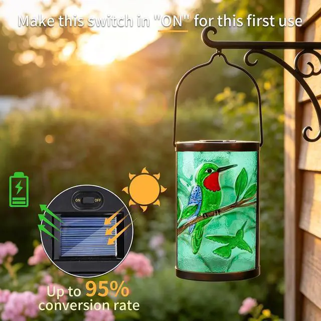 Alt view image 4 of 7 - Hanging Solar Lantern Outdoor Waterproof Hummingbird Solar Lights Glass Tabletop Decorative Lamp for Outdoor Patio Garden Outside Yard Decor