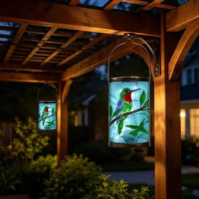 Alt view image 5 of 7 - Hanging Solar Lantern Outdoor Waterproof Hummingbird Solar Lights Glass Tabletop Decorative Lamp for Outdoor Patio Garden Outside Yard Decor