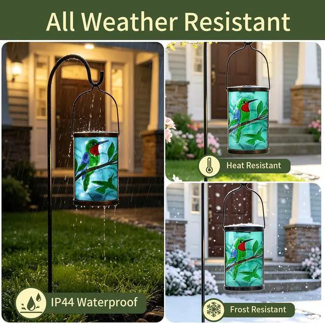 Alt view image 6 of 7 - Hanging Solar Lantern Outdoor Waterproof Hummingbird Solar Lights Glass Tabletop Decorative Lamp for Outdoor Patio Garden Outside Yard Decor