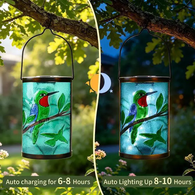 Alt view image 7 of 7 - Hanging Solar Lantern Outdoor Waterproof Hummingbird Solar Lights Glass Tabletop Decorative Lamp for Outdoor Patio Garden Outside Yard Decor