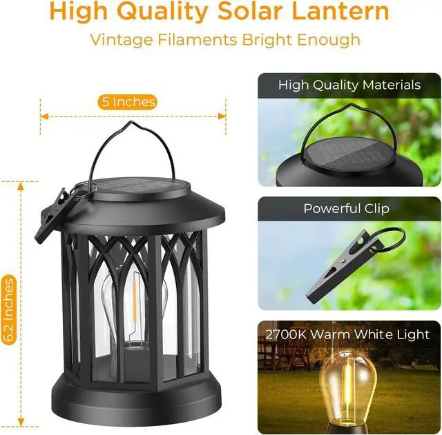 Alt view image 6 of 7 - WdtPro Solar Lanterns Outdoor Waterproof, Upgraded Bright Hanging Solar Lights for Outside,Solar Powered Lanterns Lighting LED for Garden Patio Yard Decorative 2 Pack (Warm Light)
