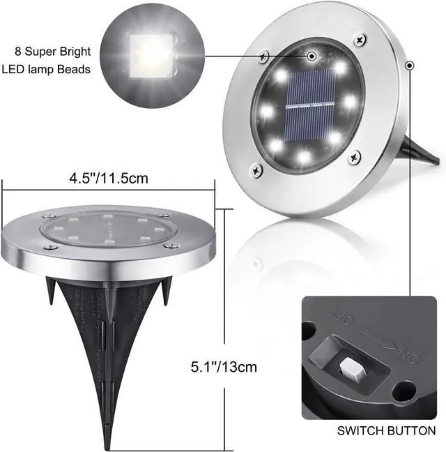 Alt view image 3 of 7 - LYHOPE Solar Ground Lights Outdoor, 16 Pack 8 LED Solar Disk Lights Waterproof Garden In-ground Pathway Light Landscape Lighting for Lawn,Yard,Deck,Patio,Walkway (White)