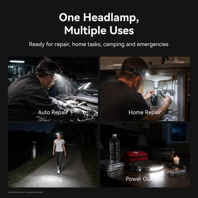 Alt view image 5 of 6 - EGUKU Rechargeable Headlamp, 1200 Lumens LED Headlamp Flashlight with 230° Wide Beam, COB Head Lamp with Spot Light, 5 Modes Hard Hat Light for Garage, Car Repair, Camping, Emergency, Running