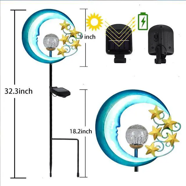 Alt view image 2 of 7 - EPROSMIN Stars Moon Solar Lights Outdoor - Solar Powered Garden Lights Decorative Crackle Glass Globe Led Waterproof Landscape Lighting for Pathway,Yard,Lawn,Patio
