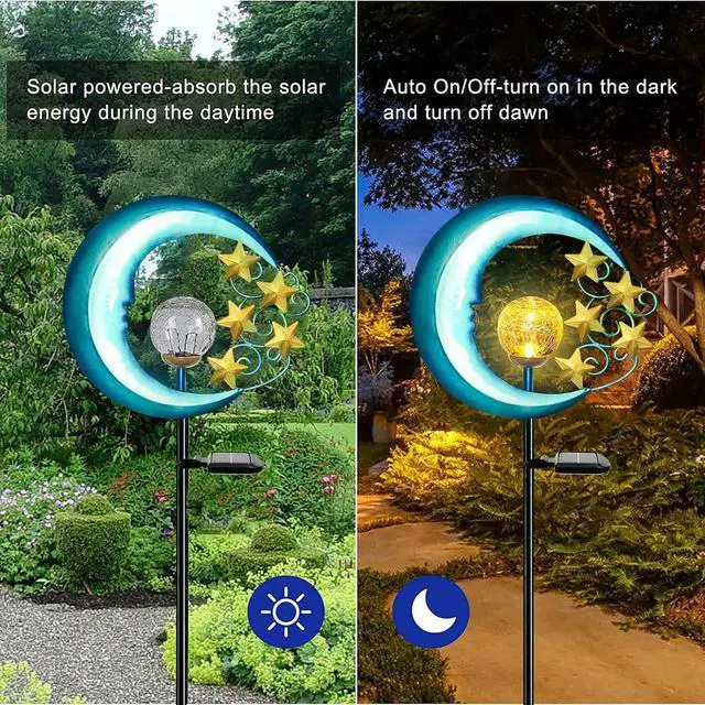 Alt view image 3 of 7 - EPROSMIN Stars Moon Solar Lights Outdoor - Solar Powered Garden Lights Decorative Crackle Glass Globe Led Waterproof Landscape Lighting for Pathway,Yard,Lawn,Patio