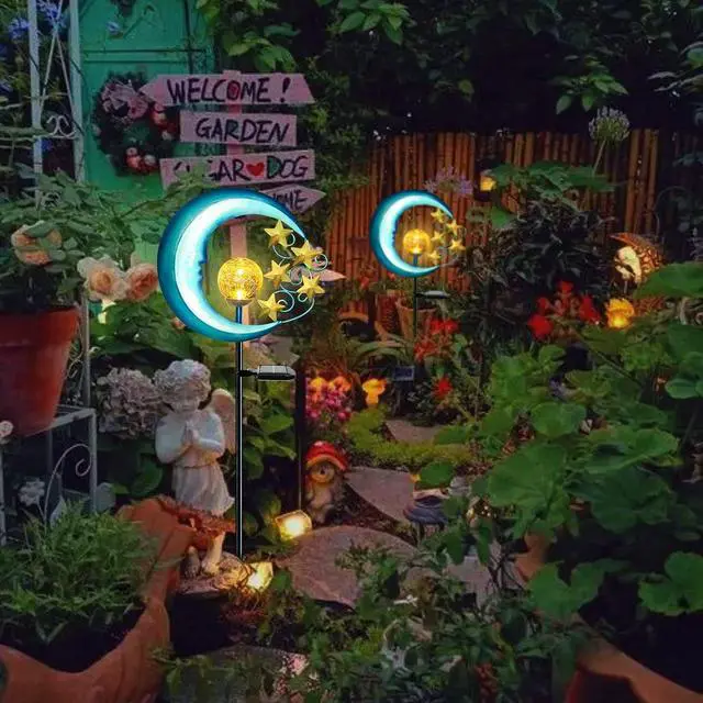 Alt view image 4 of 7 - EPROSMIN Stars Moon Solar Lights Outdoor - Solar Powered Garden Lights Decorative Crackle Glass Globe Led Waterproof Landscape Lighting for Pathway,Yard,Lawn,Patio