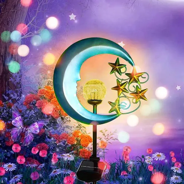 Alt view image 6 of 7 - EPROSMIN Stars Moon Solar Lights Outdoor - Solar Powered Garden Lights Decorative Crackle Glass Globe Led Waterproof Landscape Lighting for Pathway,Yard,Lawn,Patio