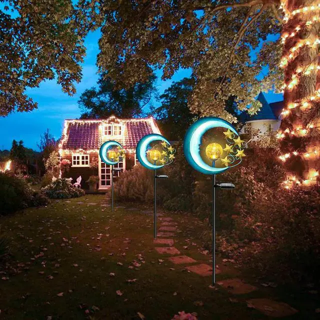 Alt view image 7 of 7 - EPROSMIN Stars Moon Solar Lights Outdoor - Solar Powered Garden Lights Decorative Crackle Glass Globe Led Waterproof Landscape Lighting for Pathway,Yard,Lawn,Patio