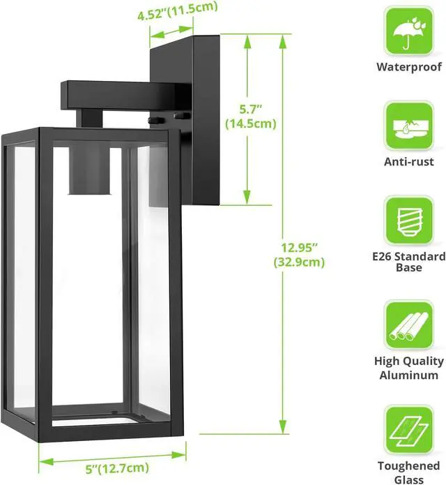 Alt view image 4 of 7 - MAXvolador Outdoor Wall Sconce, Exterior Waterproof Wall Lantern Light Fixtures, Black Porch Lights with Toughened Glass Shade, Anti-Rust E26 Socket Front Door Mount Lighting, 2 Pack