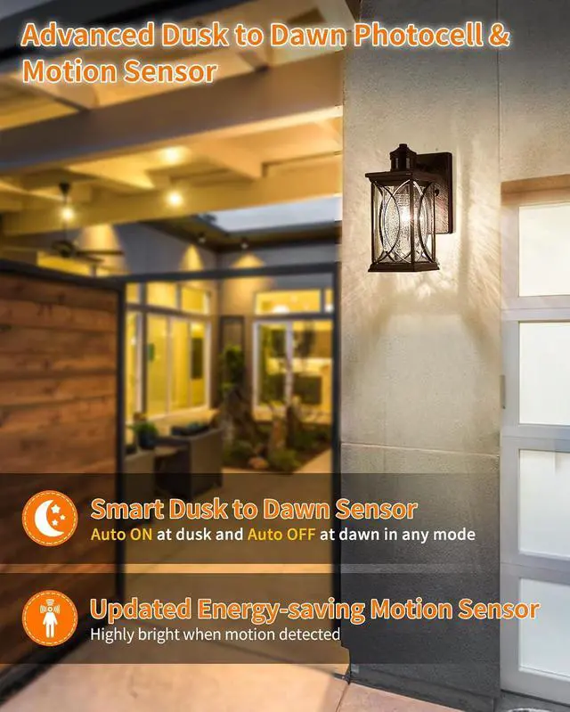Alt view image 3 of 7 - Motion Sensor Outdoor Wall Light with Dimmable Bulb, Modern Dusk to Dawn Exterior Light Fixture Wall Mount Porch Light Black with Crack-Like Glass Coach Lantern for House Garage