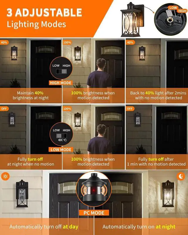 Alt view image 4 of 7 - Motion Sensor Outdoor Wall Light with Dimmable Bulb, Modern Dusk to Dawn Exterior Light Fixture Wall Mount Porch Light Black with Crack-Like Glass Coach Lantern for House Garage